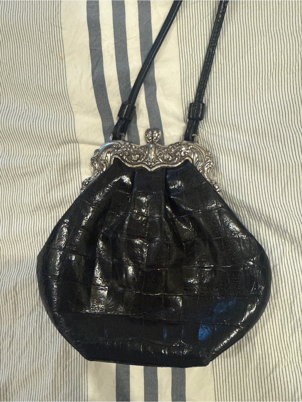Brighton Black Croc-Embossed Wristlet with Ornate Silver Frame